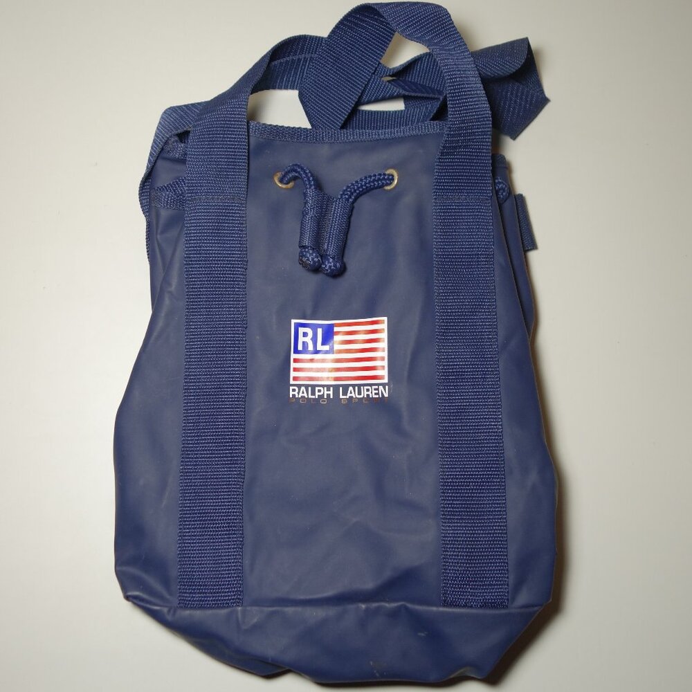 Vtg Ralph Lauren Polo Sport Vinyl Bucket Bag w/ Drawstring & Nylon Straps, Sz M
